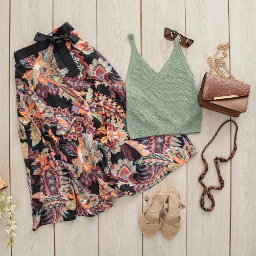 Black midi skirt with white flowers